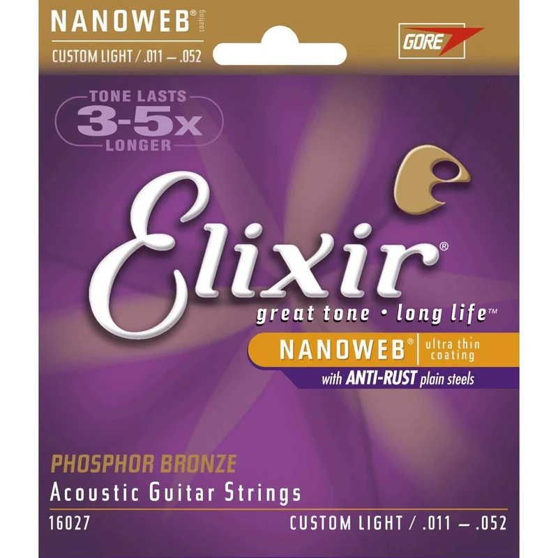 Elixir 16027 Nanoweb custom light 11-52 phosphor bronze acoustic guitar strings (2 PACKS)
