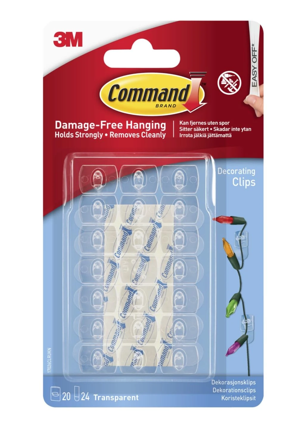 Command Decorating Clips, Pack of 20 Mini Hooks and 24 Small Strips, Transparent - Hanging Clips for Decorations and Fairy Lights, Wall Adhesive - Damage Free
