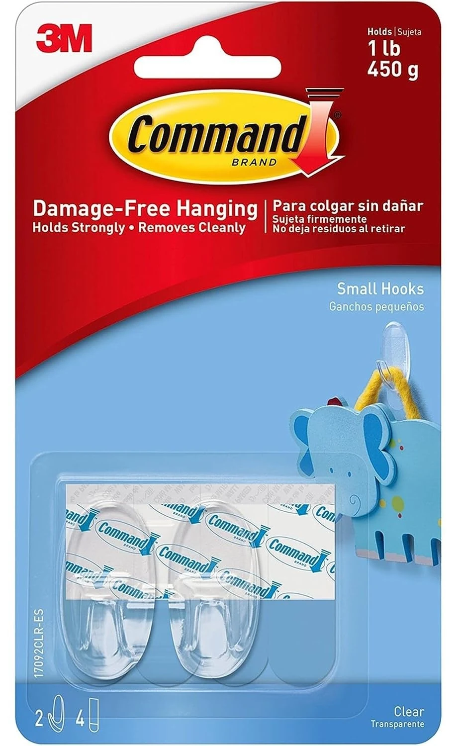 Command Small Hooks with Clear Strips, Pack of 2 Hooks + 4 Adhesive Strips, Transparent - Indoor Use - Suitable for hanging items up to 450 g - Damage Free Hanging