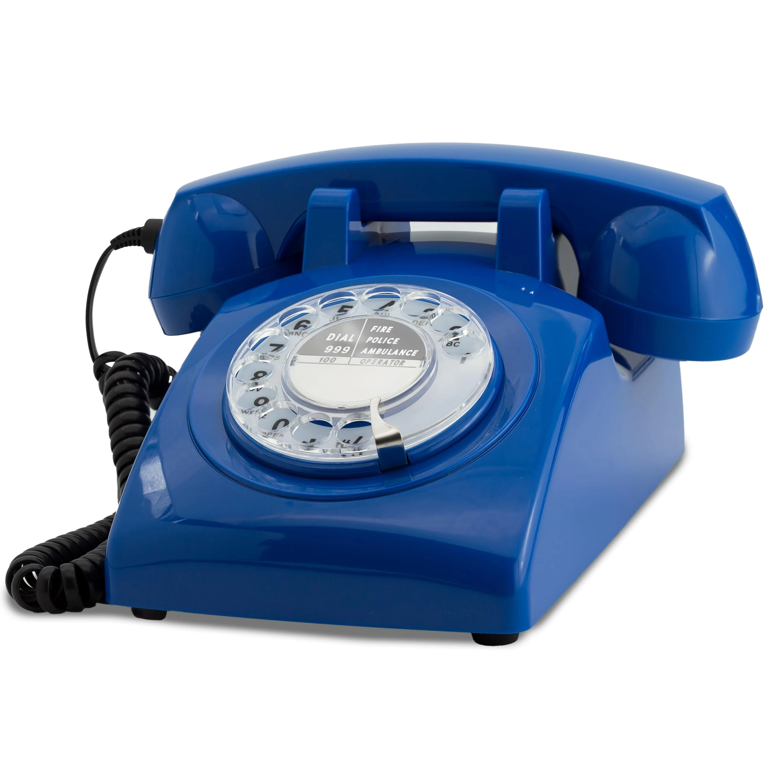 Opis Technology 60s Cable: The Retro Rotrary Phone with old fashioned dial and metall bell ringer - an analogue landline house telephone that fits modern connections, boxes and routers in Blue