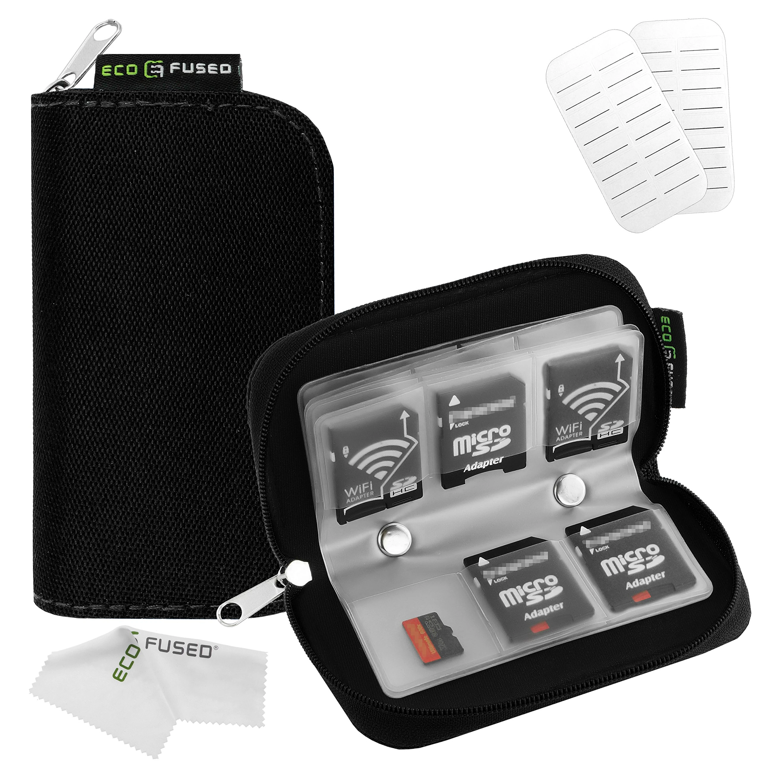 Eco-Fused Memory Card Carrying Case - Suitable for SDHC and SD Cards - 8 Pages and 22 Slots - Microfiber Cleaning Cloth Included - 22 Slots, Black
