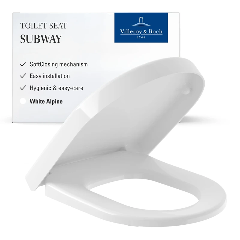 Villeroy & Boch Subway toilet seat, toilet lid with soft-closing mechanism, removable toilet seat made from break-proof Duroplast, toilet lid original spare part, D-shape, White Alpine, glossy