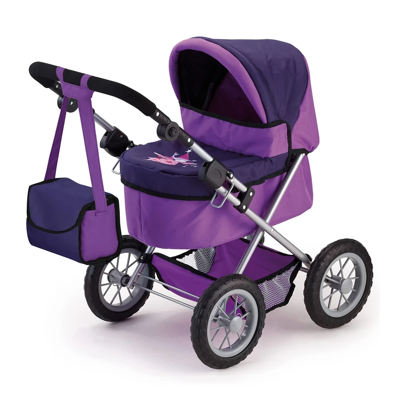 Bayer Design 13012AA 13037AA Dolls Pram Trendy, Stroller, Foldable, Height-Adjustable Handle, Bag, Lilac, 46 cm