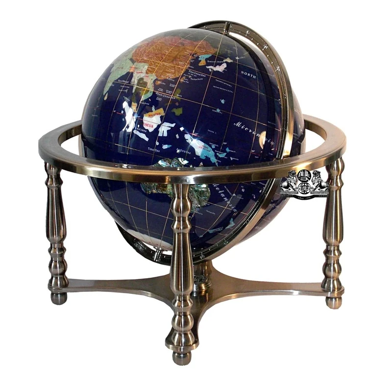 Unique Art 21-Inch Tall Blue Lapis Ocean Table Top Gemstone World Globe with 4 Leg Silver Stand
