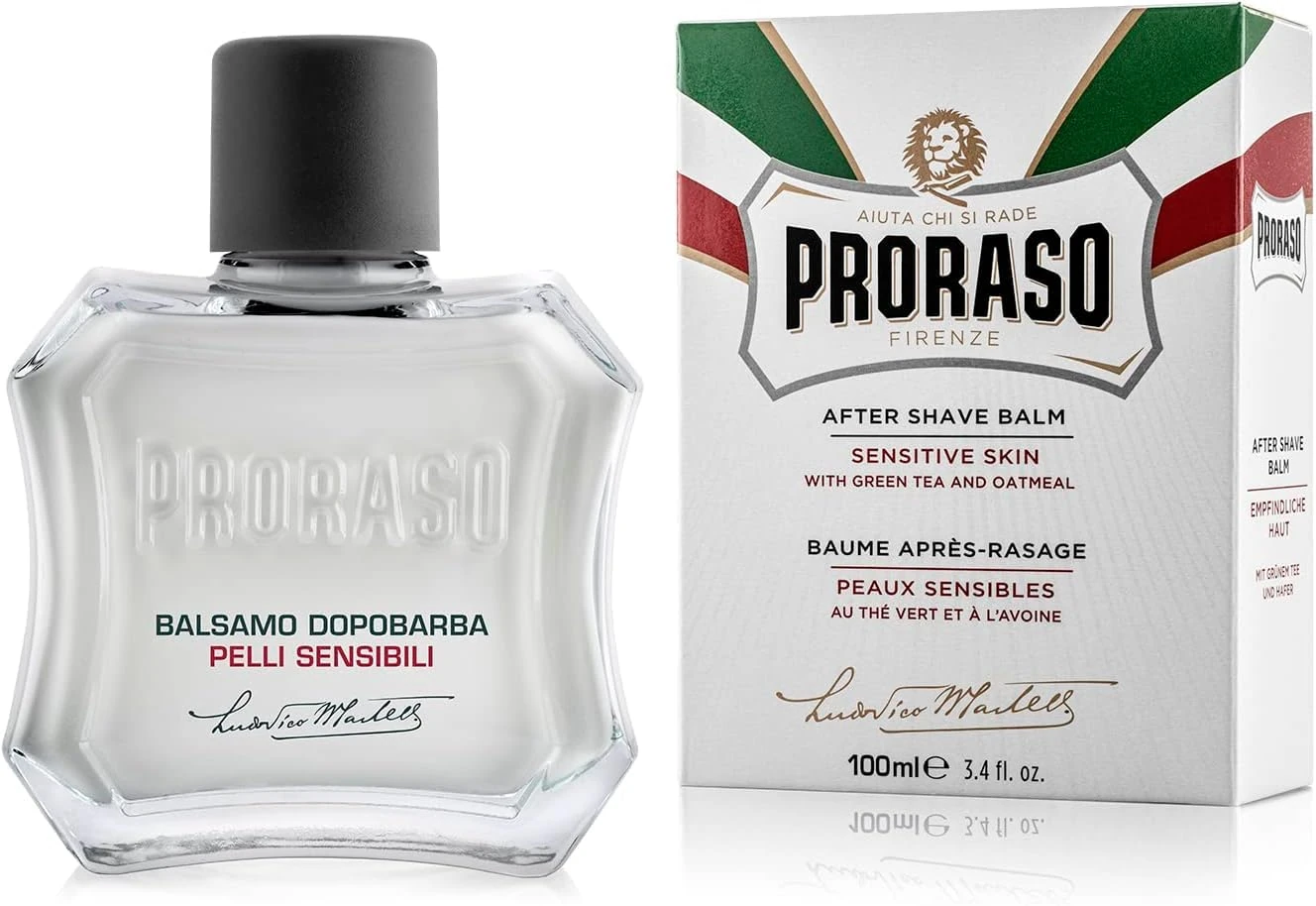 Proraso Aftershave Balm For Sensitive Skin, 100ml, Alcohol-Free Post Shave Balm with Oat and Green Tea Soothes and Protects Skin, Made in Italy, White