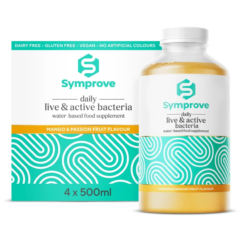 Symprove Probiotic, Mango & Passionfruit Flavour, Fermented to a Level of at Least 10 Billion CFUs per 70ml Shot, Water-Based, Dairy & Gluten Free, Vegan (4 x 500ml)