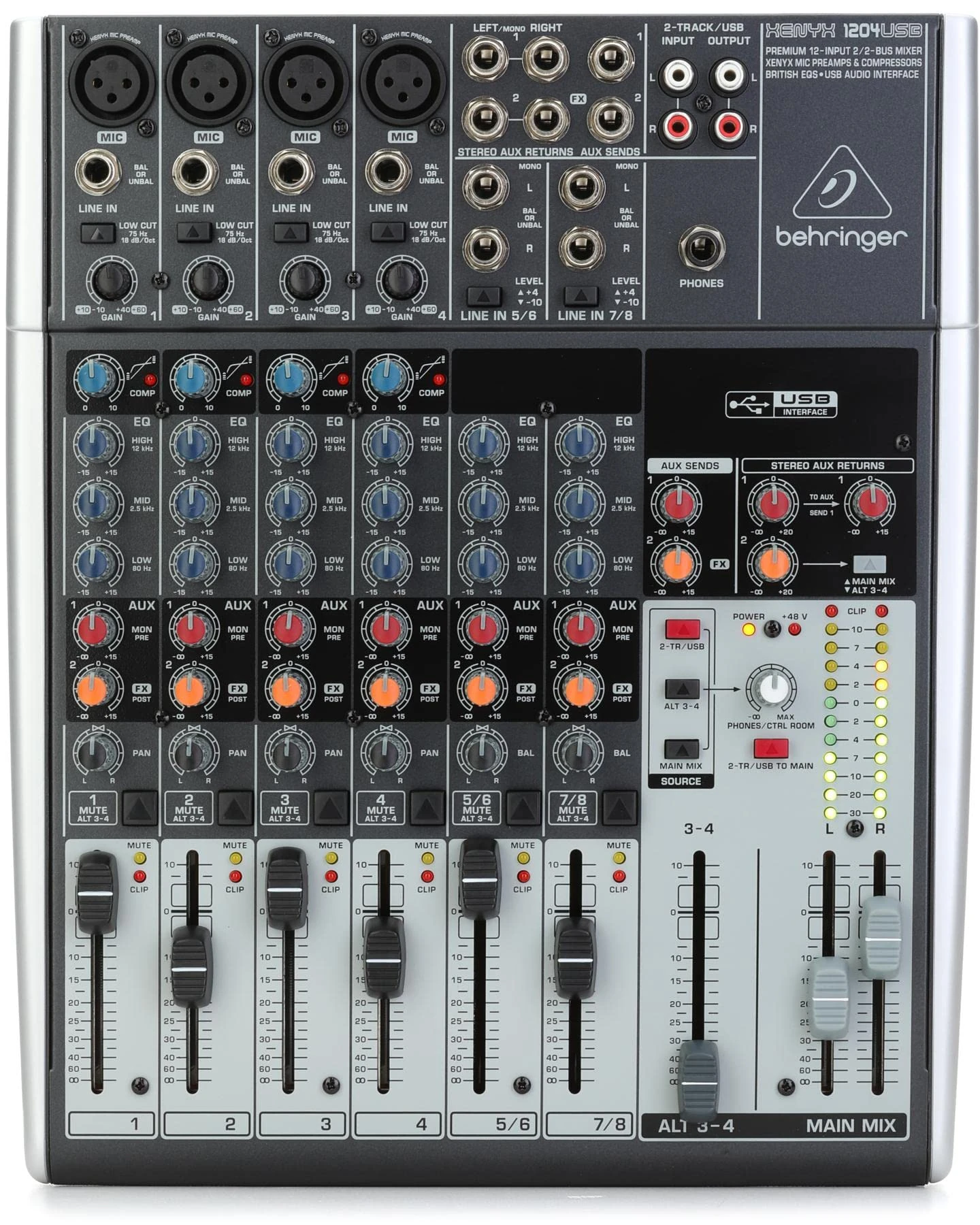 Behringer XENYX 1204USB Premium 12-Input 2/2-Bus Mixer with XENYX Mic Preamps and Compressors, British EQ and USB/Audio Interface