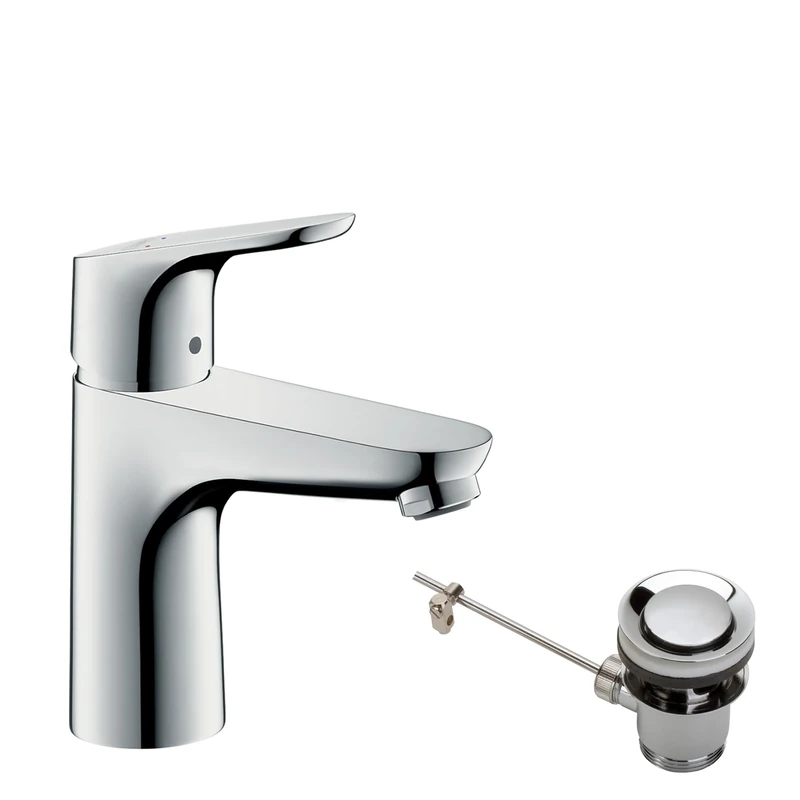 hansgrohe Focus - bathroom tap with pop-up waste set, bathroom sink tap with spout height 94 mm, basin mixer tap water-saving (EcoSmart), chrome, 31607000