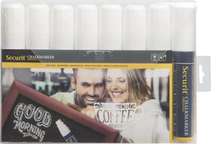 Securit SMA720-V8-WT Pieces Liquid Chalk Marker Wallet Pack, White, Large 7-15Mm Nib, 8 pc