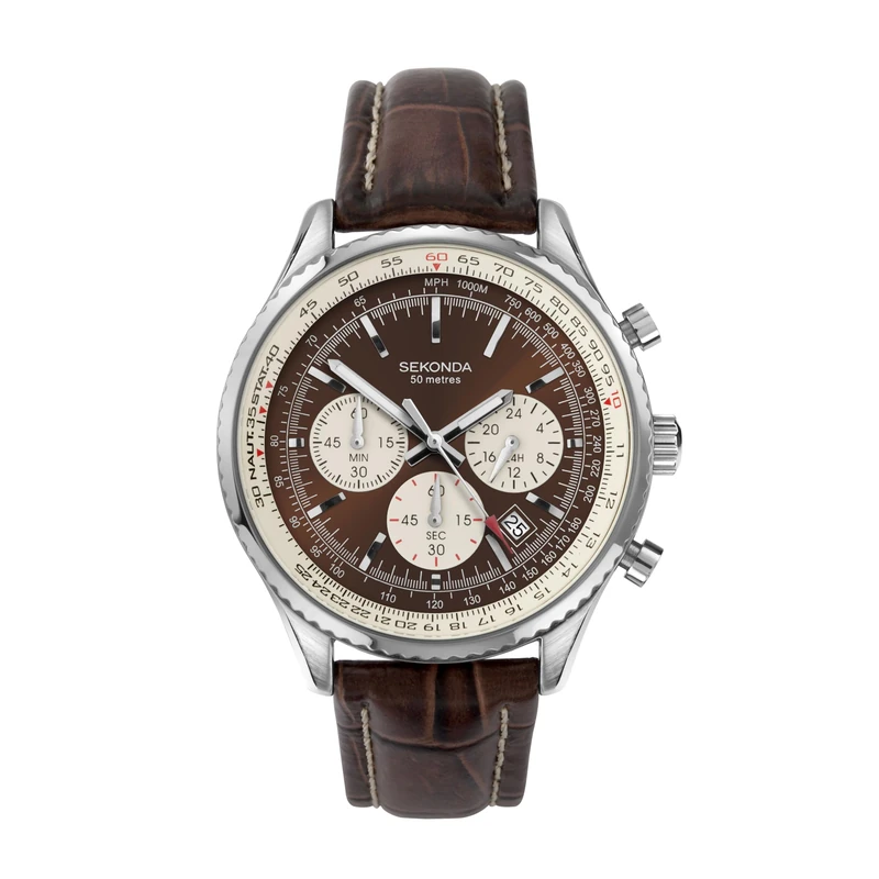 Sekonda Maverick Mens Watch – 42mm Chronograph Watch for Men with Brown Dial, Date Display and Leather Strap – 50m Water Resistant – 2 Year Warranty - Image 1