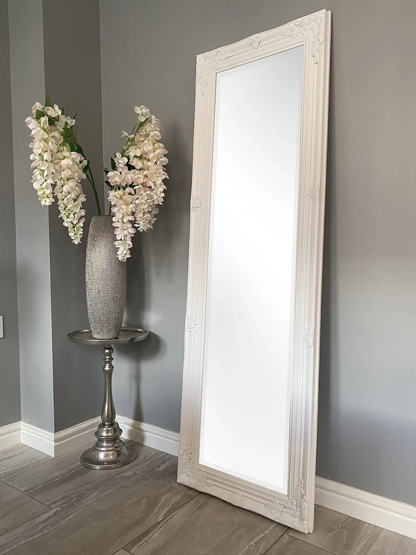 ORNATE WHITE SWEPT SHABBY CHIC STYLE LONG & FULL LENGTH Wall Mount DRESSING MIRROR - VARIOUS (Plain Mirror Glass, 18" x 54")