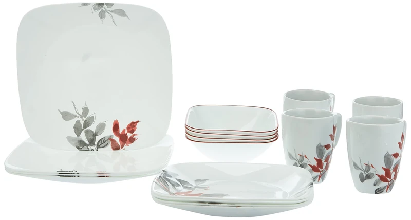 Corelle 16-Piece Vitrelle Glass Kyoto Leaves Chip and Break Resistant Dinner Set, Service for 4, Red/Grey - Image 1