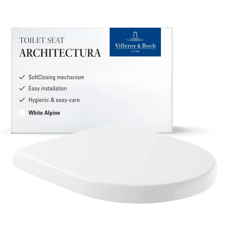 Villeroy & Boch Architectura Toilet seat, Toilet lid with Soft-Closing Mechanism, Removable Toilet seat Made from Break-Proof Duroplast, Toilet lid Original Spare Part, D-Shape, White Alpine, Glossy