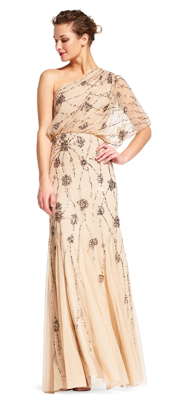 Adrianna Papell Women's One-Shoulder Beaded Gown - Beige 10