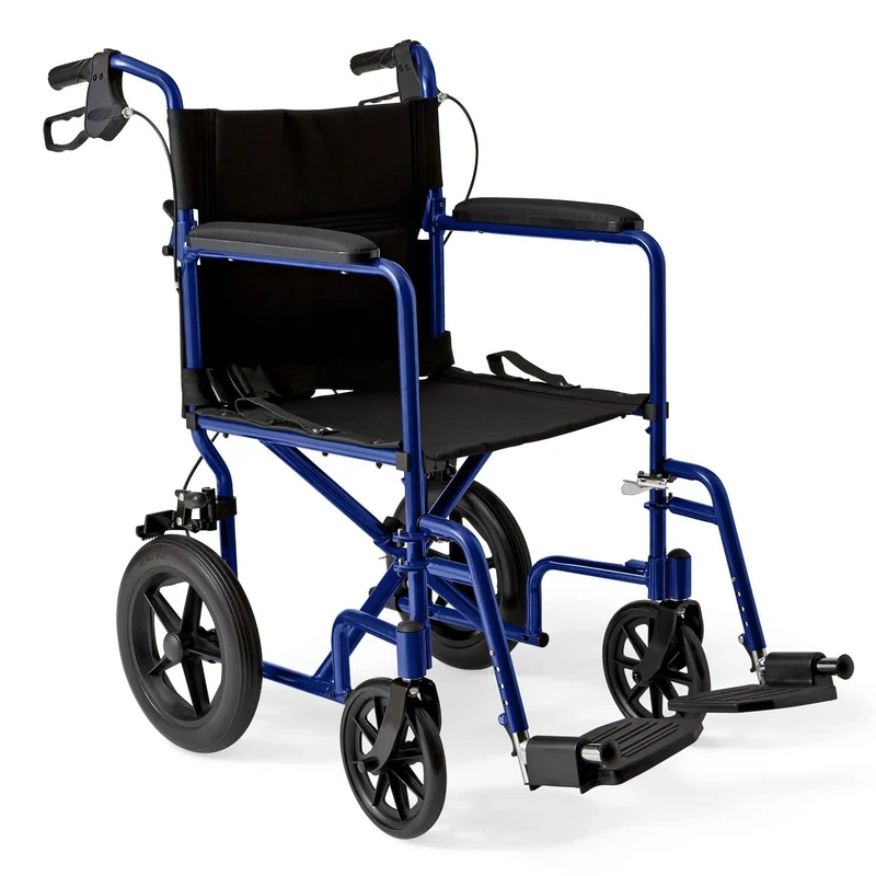 Medline Lightweight Transport Adult Folding Wheelchair with Handbrakes, Blue