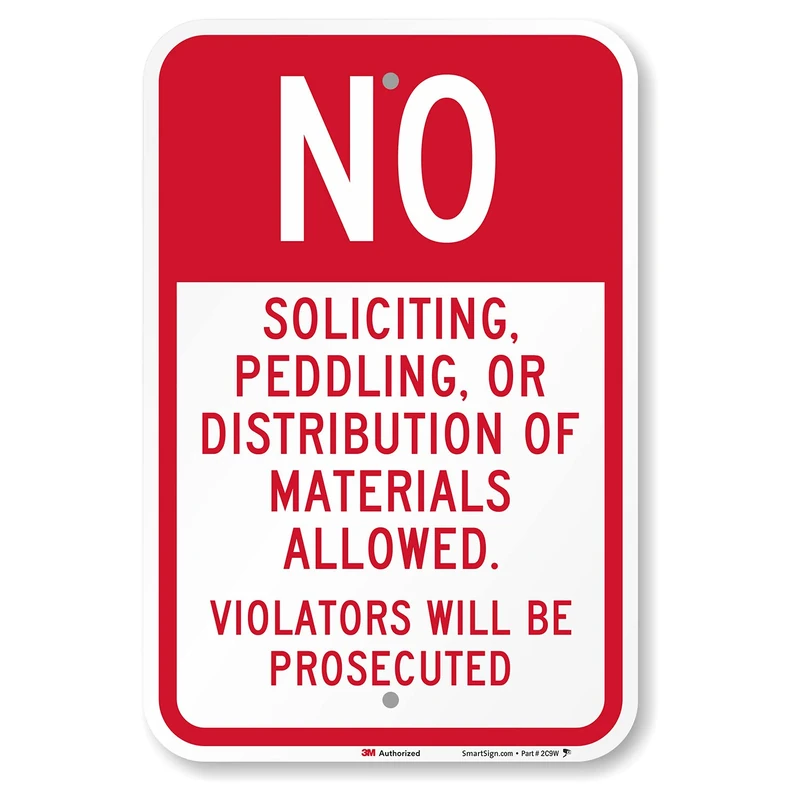 SmartSign 3M Engineer Grade Reflective Sign, Legend "No Soliciting Peddling Distribution of Materials", 18" high x 12" wide, Red on White - Image 1