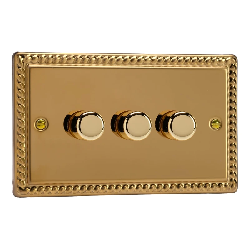 Varilight Georgian Brass, LED Dimmer Switch - V-Pro Series, 3 Gang (Double), 1 or 2 Way, 300 Watt (Trailing Edge)
