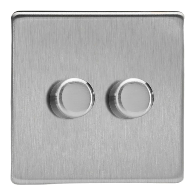 Varilight Brushed Steel Screwless, LED Dimmer Switch - V-Pro Series, 2 Gang (Single), 1 or 2 Way, 250 Watt (Trailing Edge) - Image 1