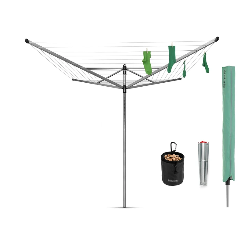 Brabantia - Lift-O-Matic - 50M of Clothes Line - Adjustable in Height - UV-Resistant & Non-Slip Lining - Umbrella System - with Ground Spike 45 mm & Cover - Metallic Grey