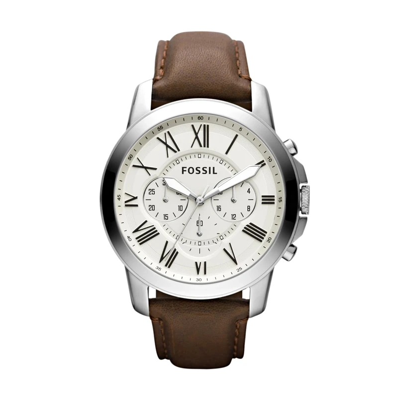 FOSSIL Grant Men's Quartz Watch with Off-White Dial and Brown Leather Strap FS4735
