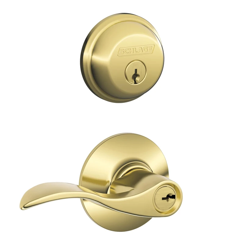 SCHLAGE FB50N V Acc 505 B60 Single Cylinder deadbolt and F51 keyed Entry Accent Lever keyed Alike, Bright Brass Finish Lock Company
