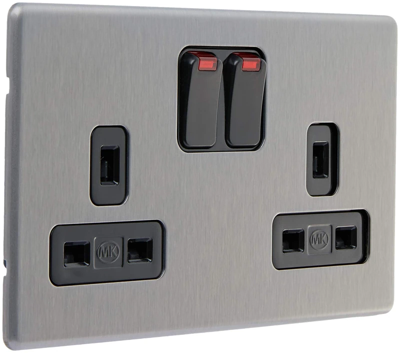 MK Aspect K24647BRCB 13A Double Switched Socket with Neon/Double Pole/Dual Earth - Brushed Chrome