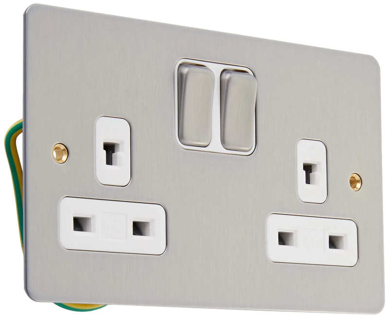 MK Edge K14246BRCW 13A Double Switched Socket/Non-Standard/Double Pole/Clean Earth - Brushed Chrome