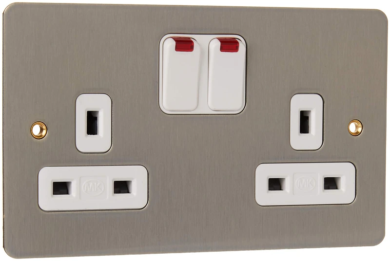 MK Edge K14647BRCW 13A Double Switched Socket with Neon/Double Pole/Dual Earth - Brushed Chrome