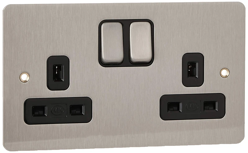 MK Edge K14345BRCB 13A Double Switched Socket with Double Pole/Clean Earth - Brushed Chrome