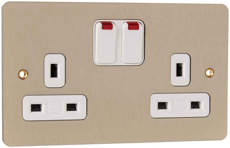 MK Edge K14647LBSW 13A Double Switched Socket with Neon/Double Pole/Dual Earth Lacquered - Brushed Steel