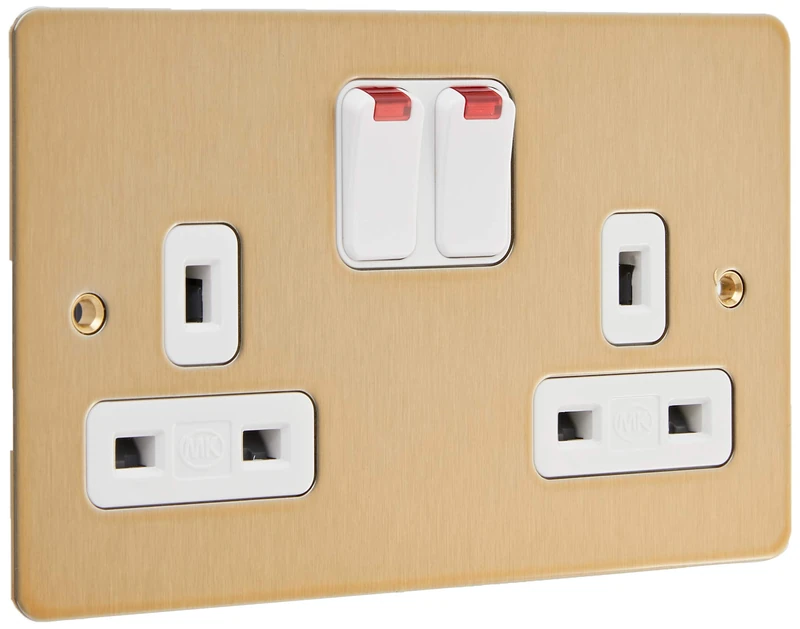 MK Edge K14647SAGW 13A Double Switched Socket with Neon/Double Pole/Dual Earth - Satin Gold