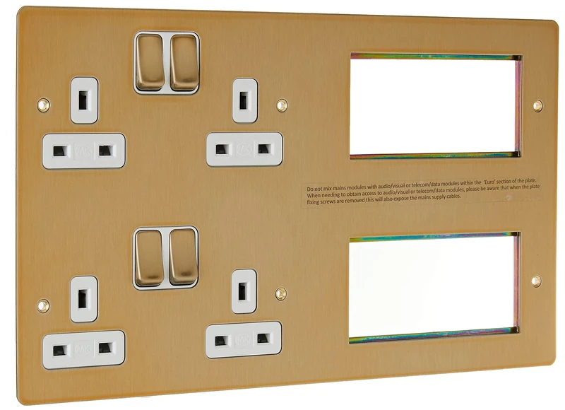 MK Edge K14100SAGW Stacked Combi Plate 2 Double Switch Sockets with 2 x 4 Euro Modules - Satin Gold