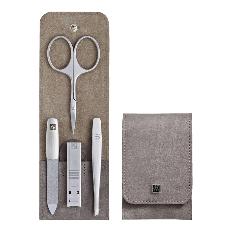 ZWILLING Manicure Set (4 piece, professional nail care set, genuine leather case with zipper, with compact nail clipper), Premium, Taupe