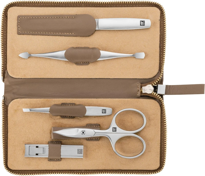 ZWILLING 5 Piece Manicure Set Cowhide Leather with Zip Premium Taupe