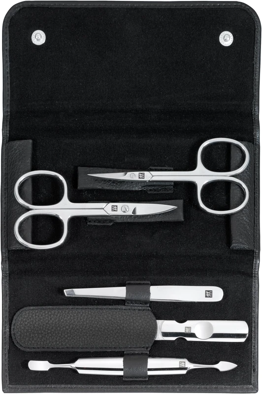 ZWILLING Manicure Set (5 piece, nail care and pedicure with genuine leather case with nail scissors and cuticle scissors), Polished Stainless Steel, Black