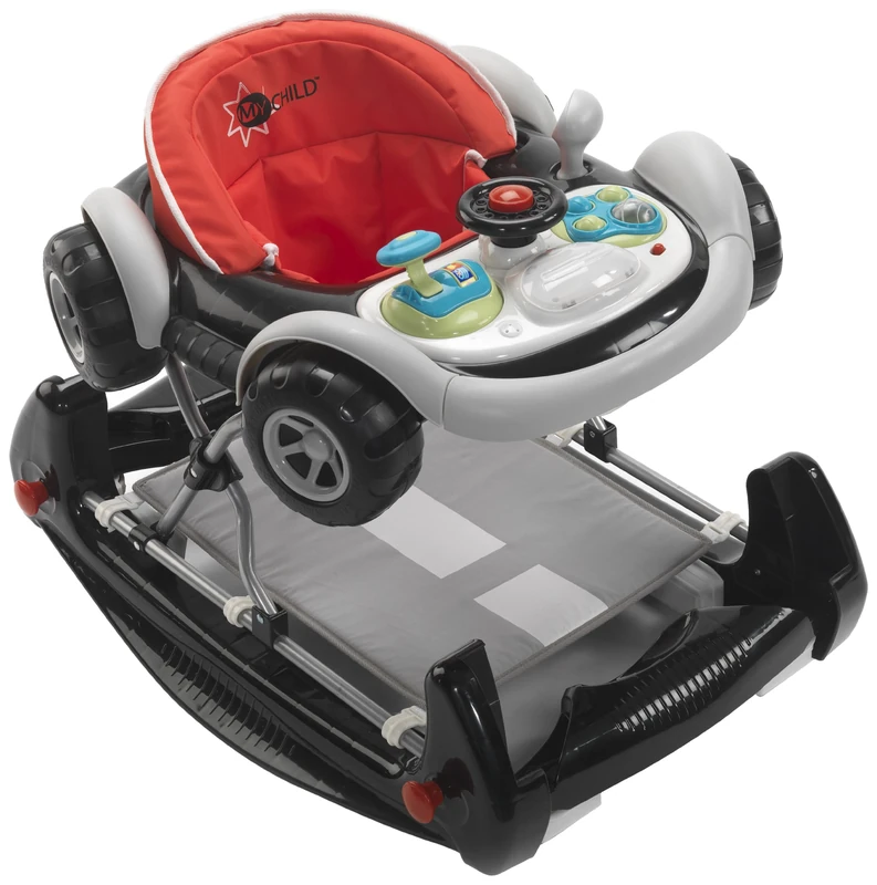 MyChild Coupe 2-in-1 Baby Walker Black - Activity Centre Baby Walker - Easy compact fold Frame for Storage - 6 Months + Anti Fall Blocks for Extra Safety and 3 Height Adjustment