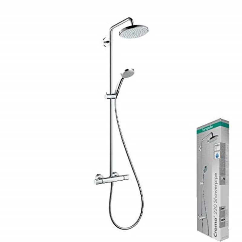hansgrohe Croma 220 Air all in one shower system with thermostatic control, rotating shower arm, chrome 27185000