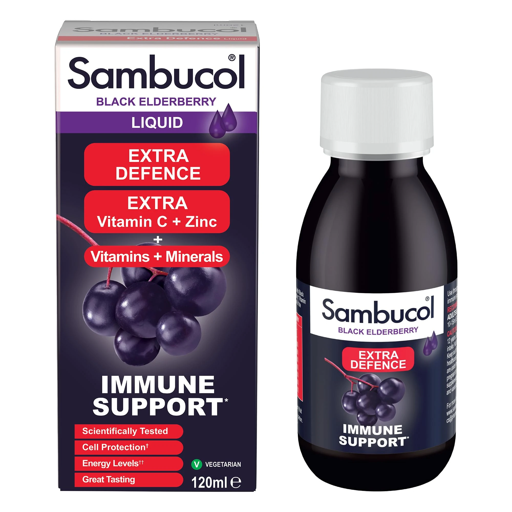 Sambucol Natural Black Elderberry Extra Defence Liquid | Vitamin C, B6 & D | Zinc | Folic Acid & Minerals |Advanced Immune Support Supplement | 120ml