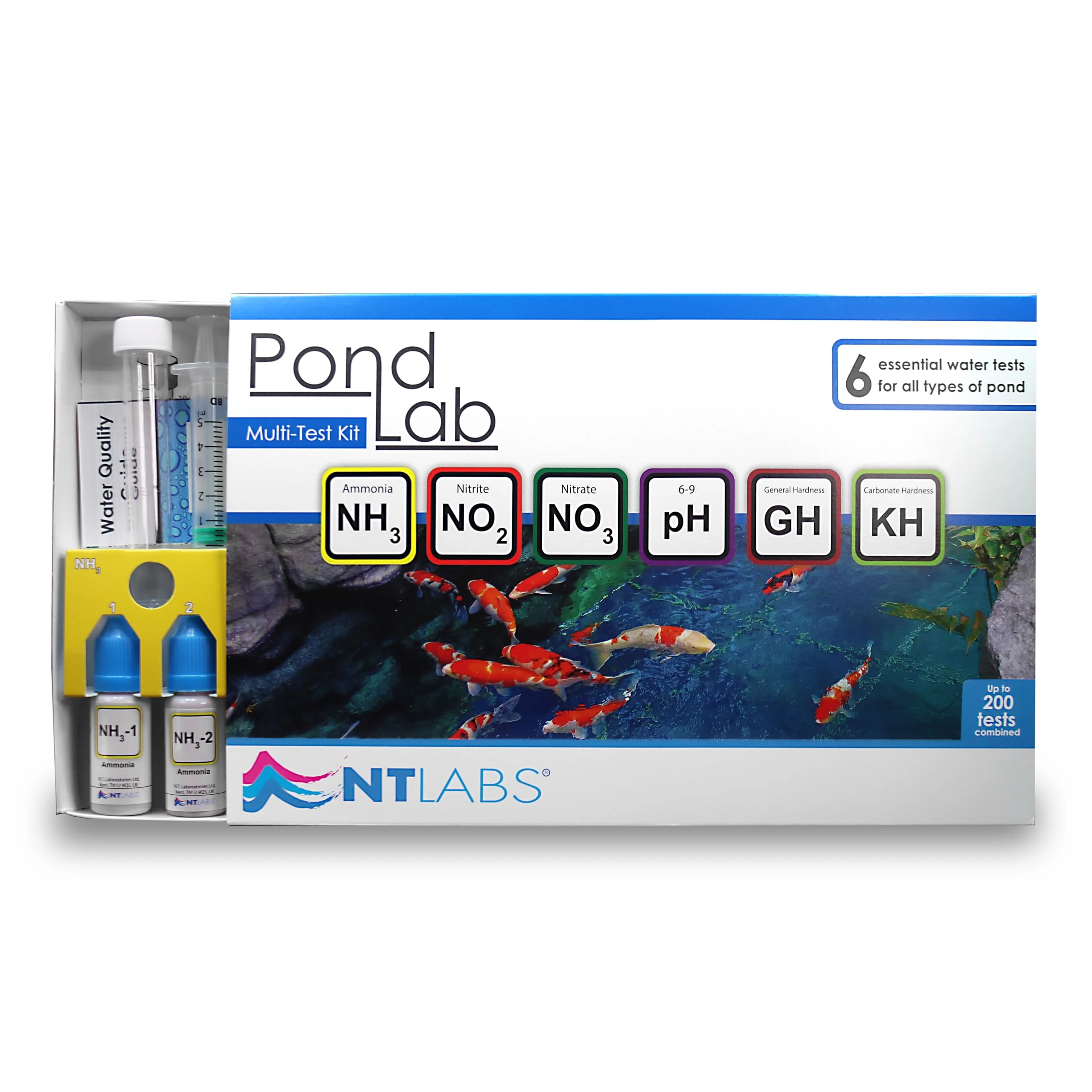 NT Labs Pond Lab Multi Test Kit (All-in-one Water Testing Kit - Ammonia, Nitrite, Nitrate, pH, General Hardness (GH) and Carbonate Hardness (KH)), Accurate Results, Up to 200 Tests, Easy to Use