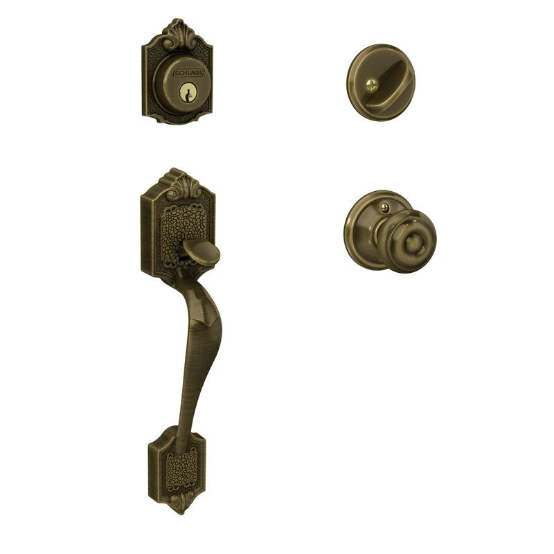 SCHLAGE F60VPAR609GEO Parthenon Front Entry Handleset with Georgian Knob Deadbolt Keyed 1 Side, Antique Brass - Image 1