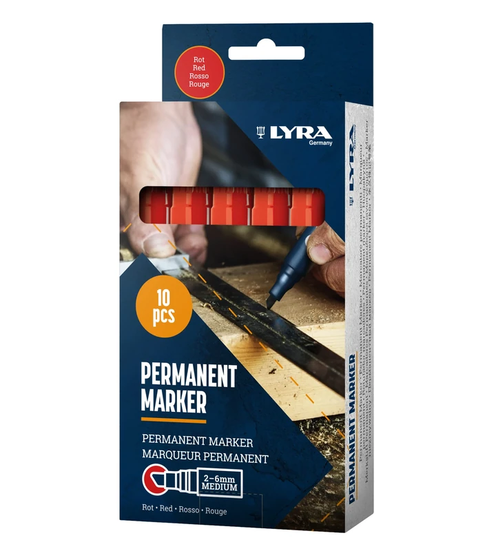 LYRA L4010017 Permanent Marker Red 2-6 mm for Professional Markings on Smooth and Rough Surfaces Pack of 10