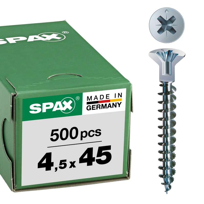 SPAX WIROX A3J 0271010450455 Universal Screw with Head Hole 4.5 x 45 mm Pack of 500 Phillips Z2 Small Countersunk Head (Diameter 5 mm) Fully Threaded