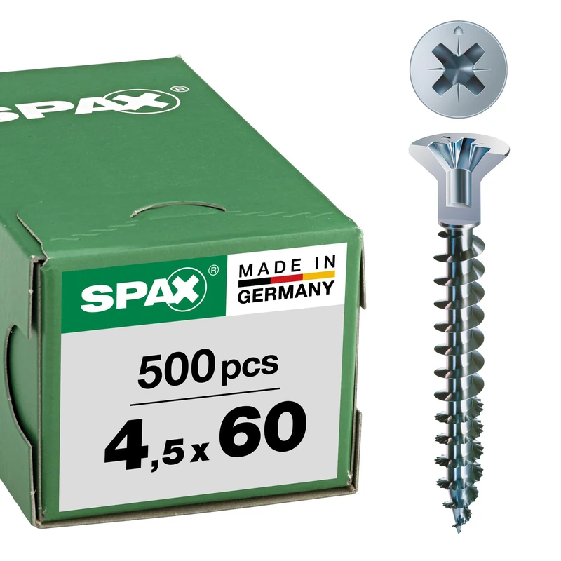 SPAX WIROX A3J 0271010450605 Universal Screw with Head Hole 4.5 x 60 mm, Pack of 500, Phillips Z2, Small Countersunk Head (Diameter 5 mm), Fully Threaded, WIROX A3J