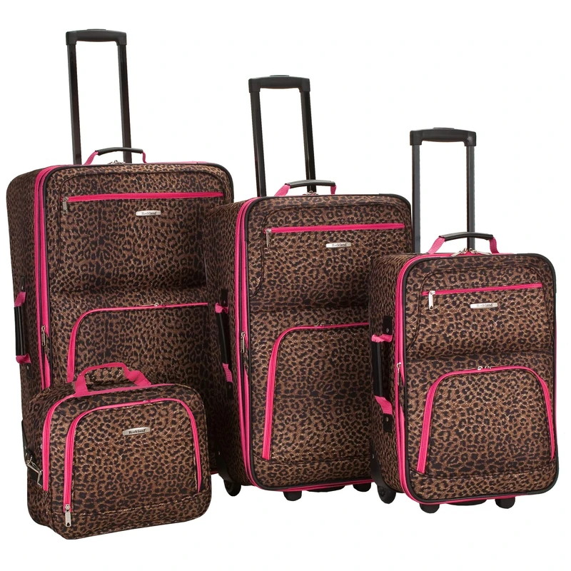 Rockland Jungle Softside Upright Luggage Set, Pink Leopard, 4-Piece Set (14/29/24/28), Jungle Softside Upright Luggage Set