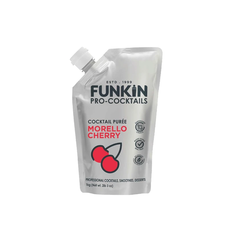 FUNKIN Morello Cherry Puree Cocktail Mixer | Made with Real Fruit | Fresh Fruit Puree for Professional Cocktails, Smoothies, & Desserts | 0% ABV | Resealable Pouch | 1kg, Pack of 5