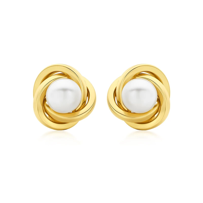 CARISSIMA Women's 9 ct Yellow Gold 9 mm Knot and Pearl Stud Earrings