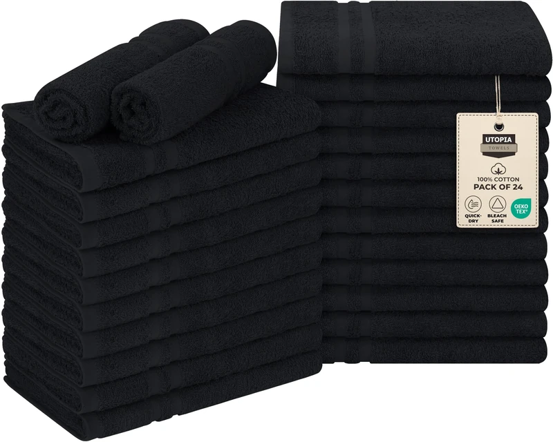 Utopia Towels - Cotton Bleach Proof Salon Towel (16x27 inches) - Bleach Safe Gym 100% Cotton Hand Towel (24 Pack, Black)