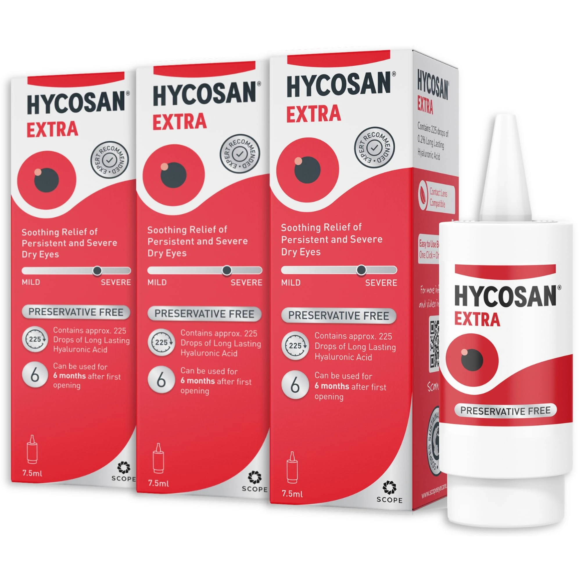 Hycosan Extra - Eye Drops with Hyaluronic Acid for Soothing Relief of Severe and Persistent Dry Eyes - Contact Lens Compatible - Preservative Free - 3 x 225 Measured Doses