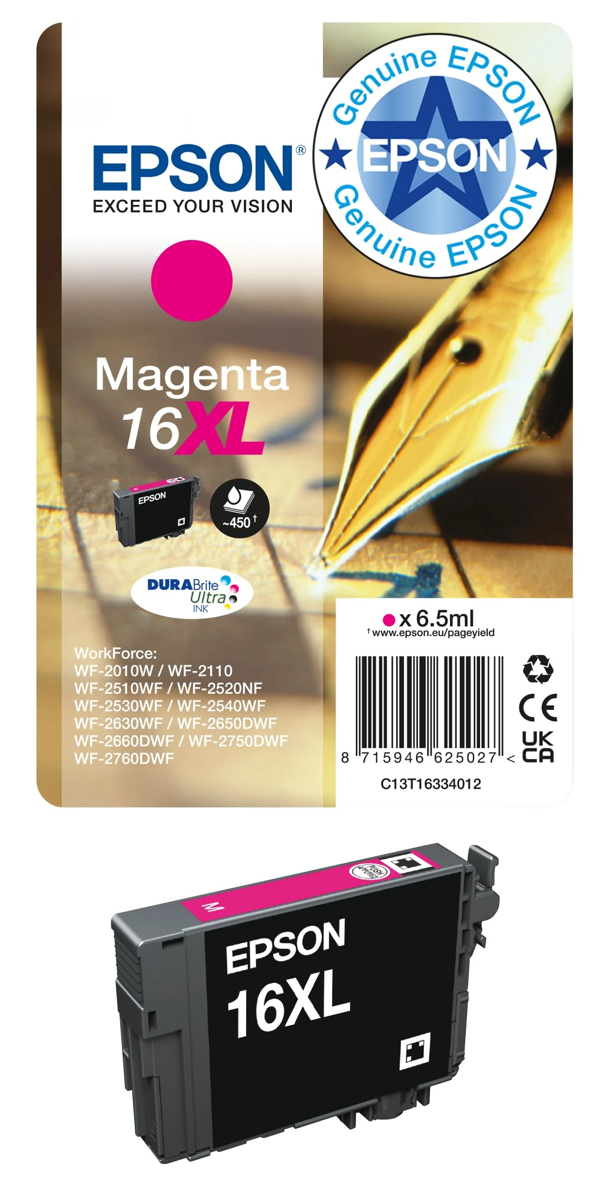 Epson 16XL Magenta Pen & Crossword High Yield Genuine, DURABrite Ultra Ink, XL High Capacity