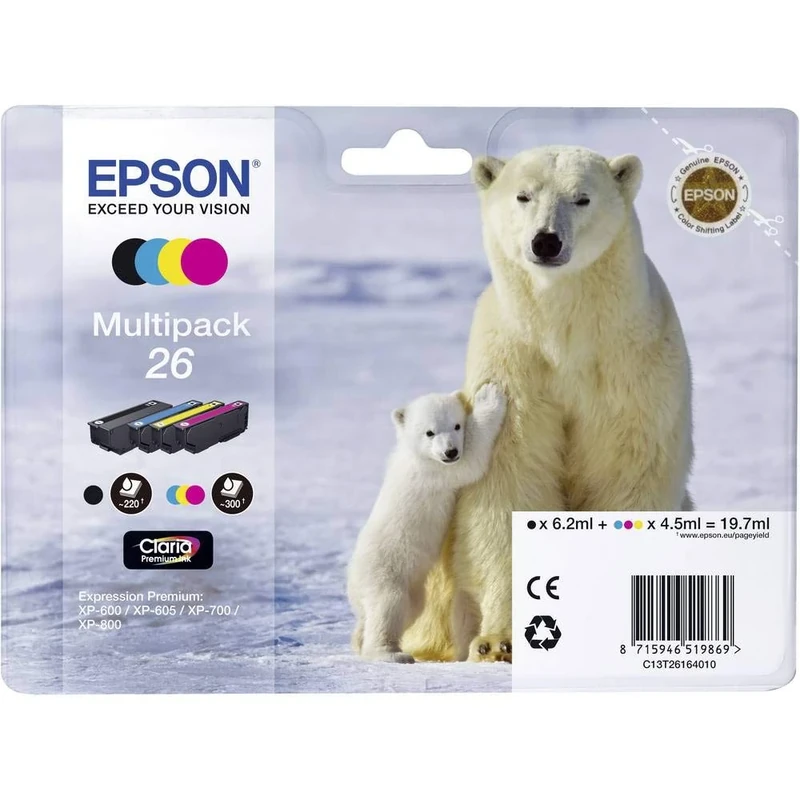 Epson 26 Polar Bear Genuine Multipack, 4-colours Claria Premium Ink Cartridges